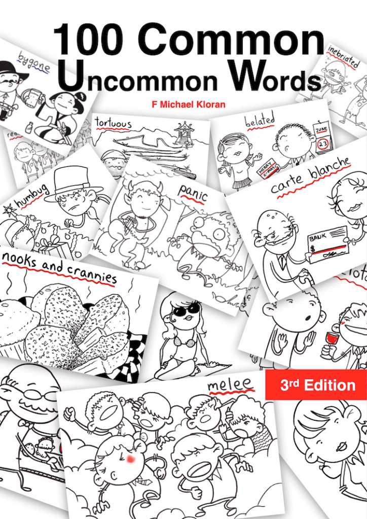 Cover of the book 100 Common Uncommon Words, a vocabulary book for learning English which is covered in images from the book.