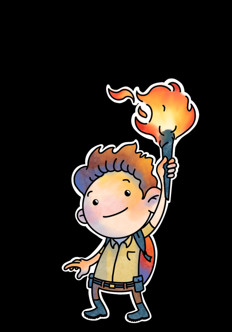 Smiling boy dressed like an explorer holding up a torch and surrounded by darkness.