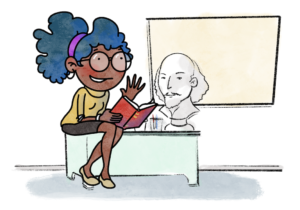 An English literature teacher sitting on her desk with a bust of William Shakespear, she is black, wearing glasses, and has a bright purple hair tie holding back her hair.