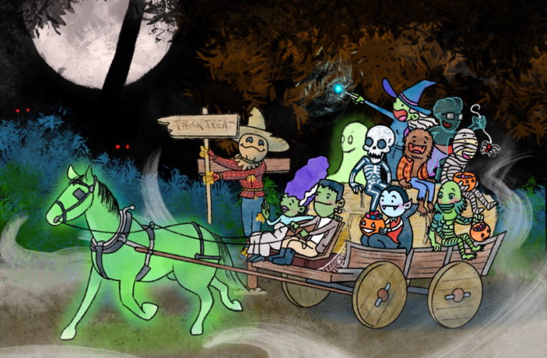 A hay ride wagon being pulled by a green, glowing horse, on the cart are Frankenstein's monster, the bride of Frankenstein, a ghost, a skeleton, dracula, the wolfman, the creature from the black lagoon, the mummy, the invisible man, a witch, in the background a scarecrow points the way and further back, red glowing eyes and a full moon.