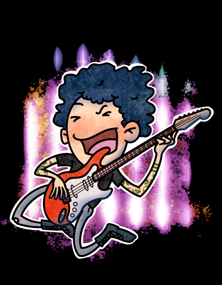 A rocker on his knees busting out a sick rif on a red and white electric guitar.