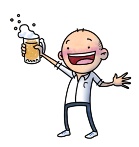 A happy bald man holding up a big beer as if to say cheers.