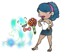 A beutiful girl with big curly hair, a skimpy top and a short skirt is being offered a bouquet of flowers from a cute ghost boy wearing a bow tie.