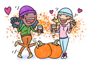 Two young women goingg crazy over pumpkin spice, they are cute and very very happy, behind them, two pumpkins.