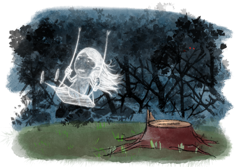 a ghost girl swings on a swing next to the stump of a tree that was cut down long ago.