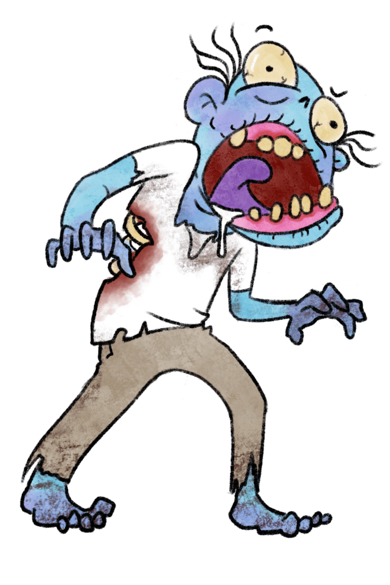 Silly looking blue zombie with wild yellow eyes and a bit of drool handing down.